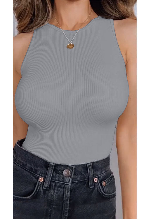 Sleeveless Stretchy Triangle Swim Inspired Bodysuit LightGray