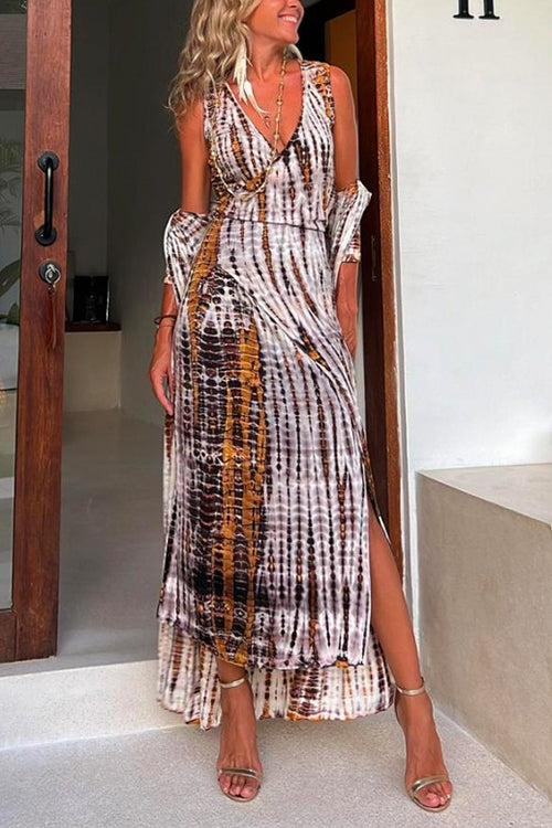 Sleeveless V Neck Tie Dye Wrap Midi Dress