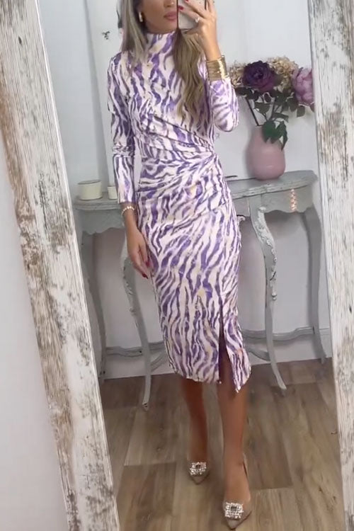 Chic Mockneck Ruched Slit Printed Midi Bodycon Dress Purple