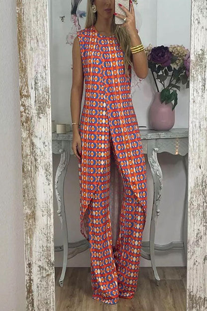 Printed High Slit Long Tank Top and Bell Bottoms Pants Set Orange