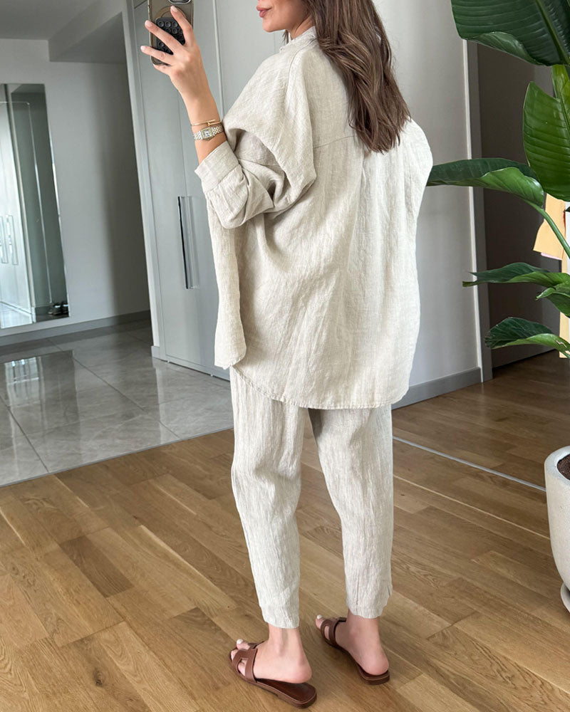 Casual Cotton Linen Shirt & Cropped Pants Two-Piece Set