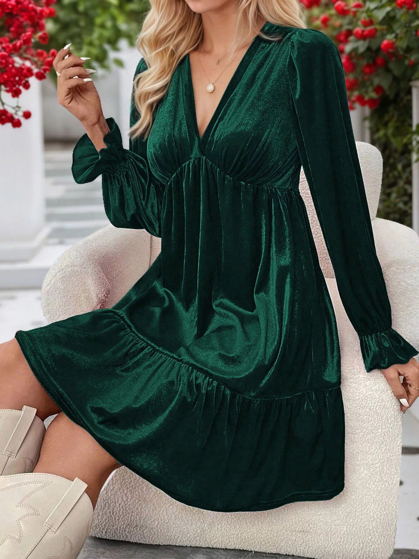 Velvet V-Neck Long Sleeve Ruffle Hem Mini Dress