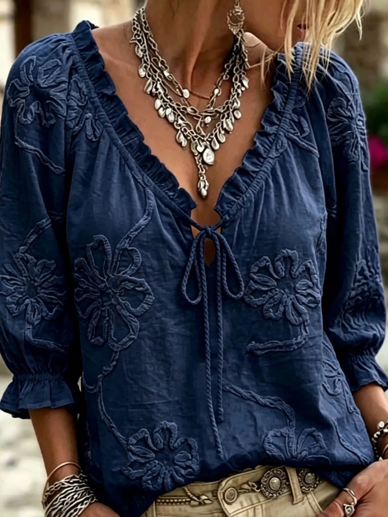 Plus Size Floral Tie Front 3/4 Sleeve Blouse