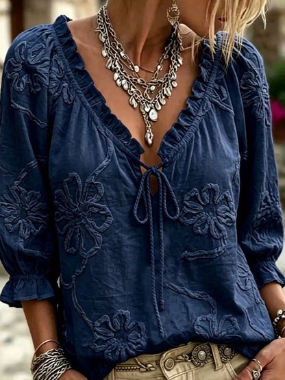 Plus Size Floral Tie Front 3/4 Sleeve Blouse
