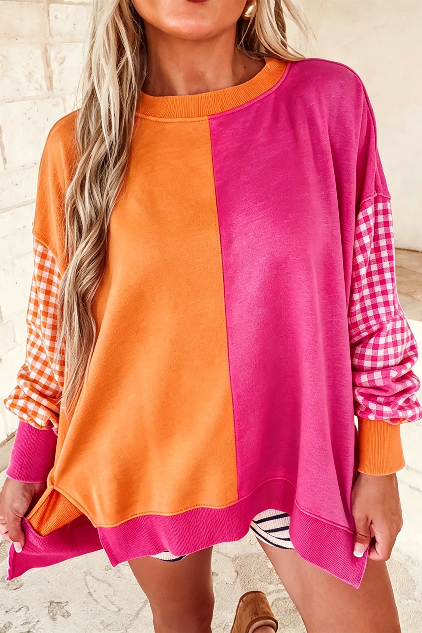 Rose Red Colorblock Gingham Sleeve Crewneck Sweatshirt