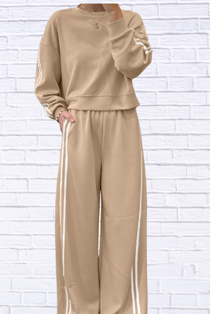 Striped Detail Crewneck Top and Elastic Sweatpants 2pcs Set
