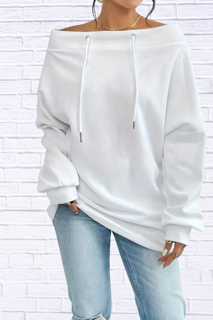 Off-Shoulder Drawstring Sweatshirt