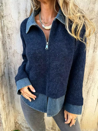 Contrast Denim Collar Half-Zip Knit Sweater