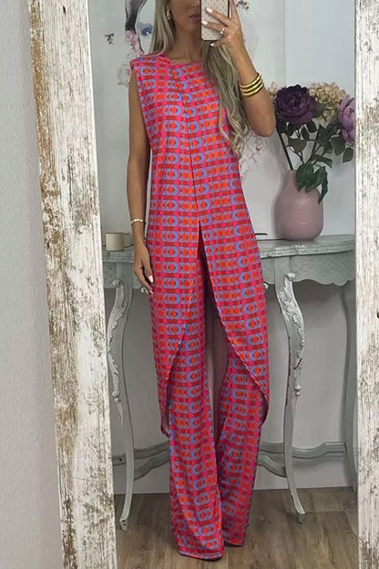 Printed High Slit Long Tank Top and Bell Bottoms Pants Set Red