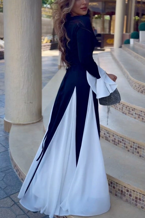 Flare Long Sleeves Color Block Patchwork Swing Maxi Dress