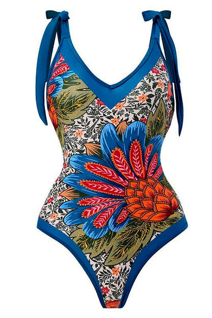 V Neck Bow Shoulder One-piece Swimwear and Wrap Cover Up Skirt Printed Set Swimsuit