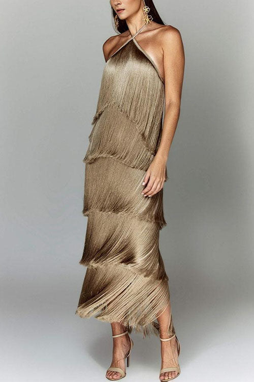 Rosiedress Chicest Halter Ruffle Layered Fringe Maxi Party Dress Camel