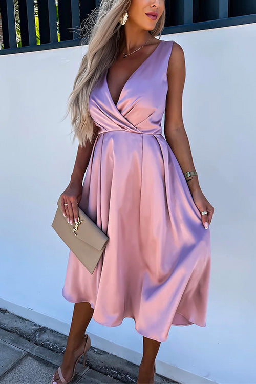 Rosiedress Sleeveless Cross V Neck Waisted Swing Party Dress Pink