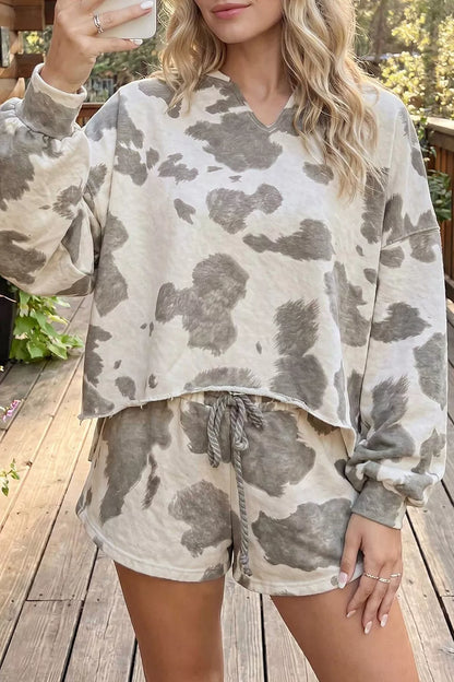 Cow Print Top and Drawstring Shorts Set