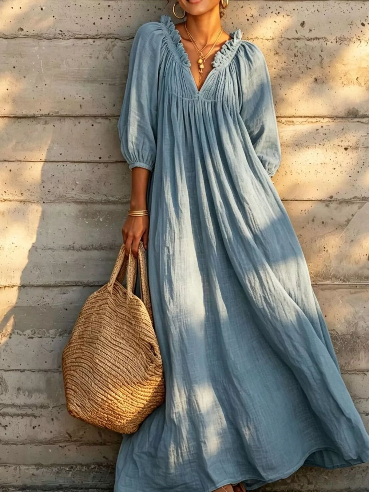 Tiered Notched 3/4 Sleeve Maxi Dress