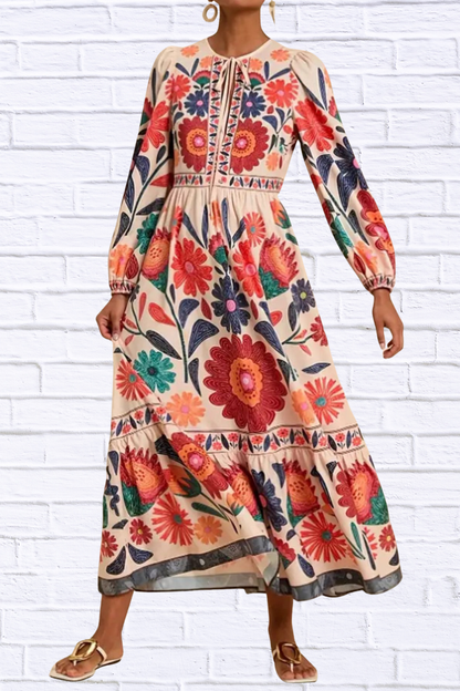 Floral Tie Waist Long Sleeve Dress