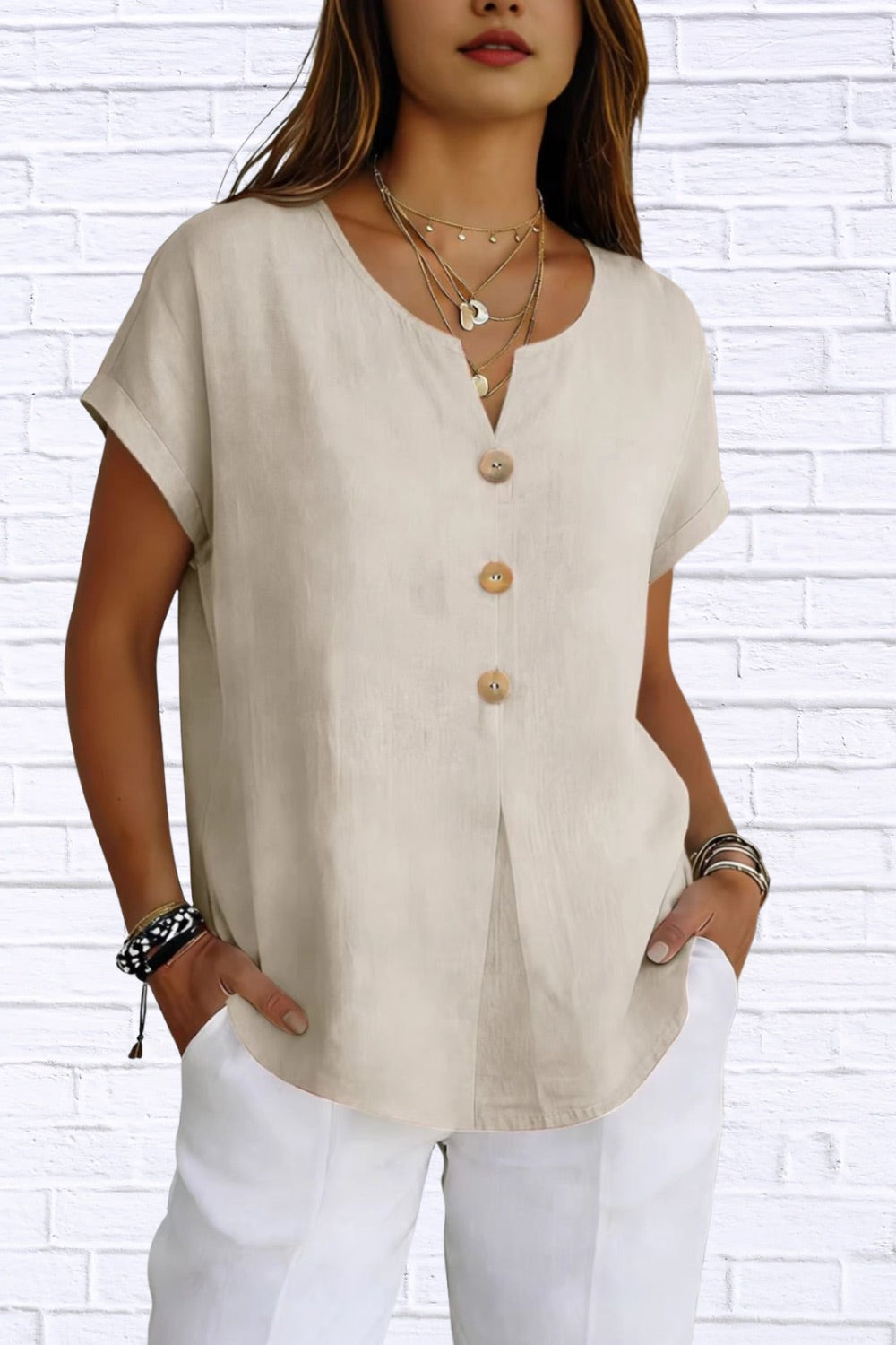 Decor Button Short Sleeve Blouse | Elegant Women’s Top