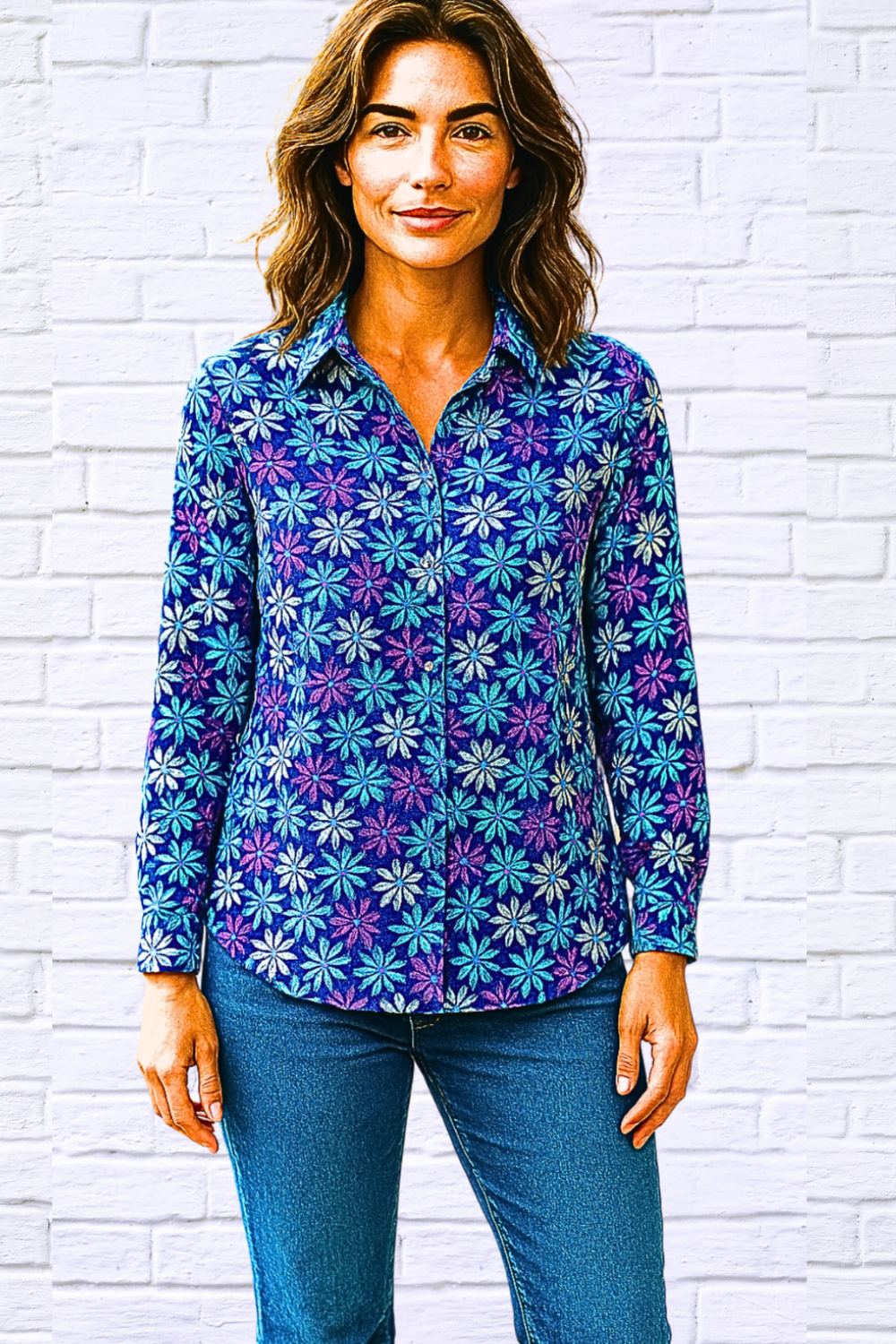 Daisy Floral Collared Button Through Long Sleeve Shirt