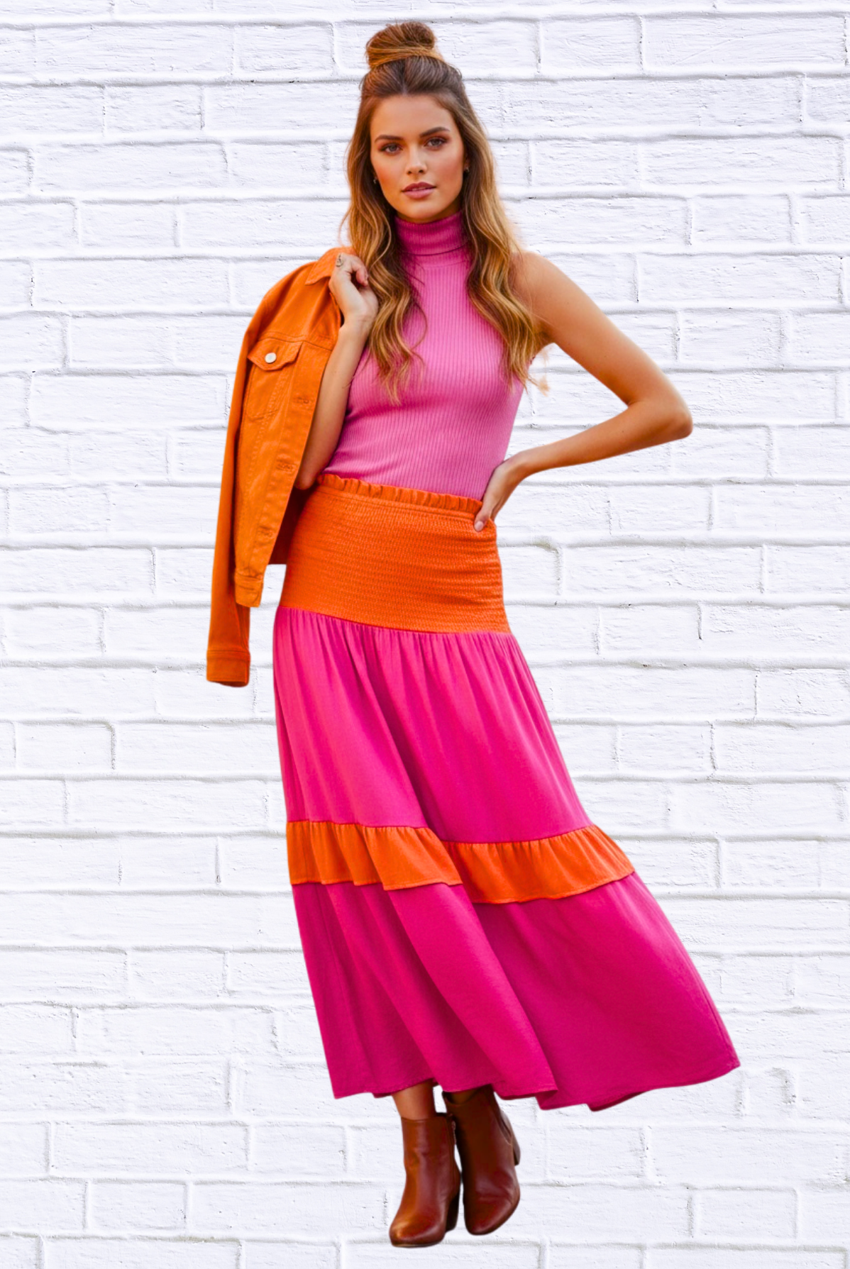 Hot Pink and Orange ColourBlock Smocked Ruffle  Maxi Skirt