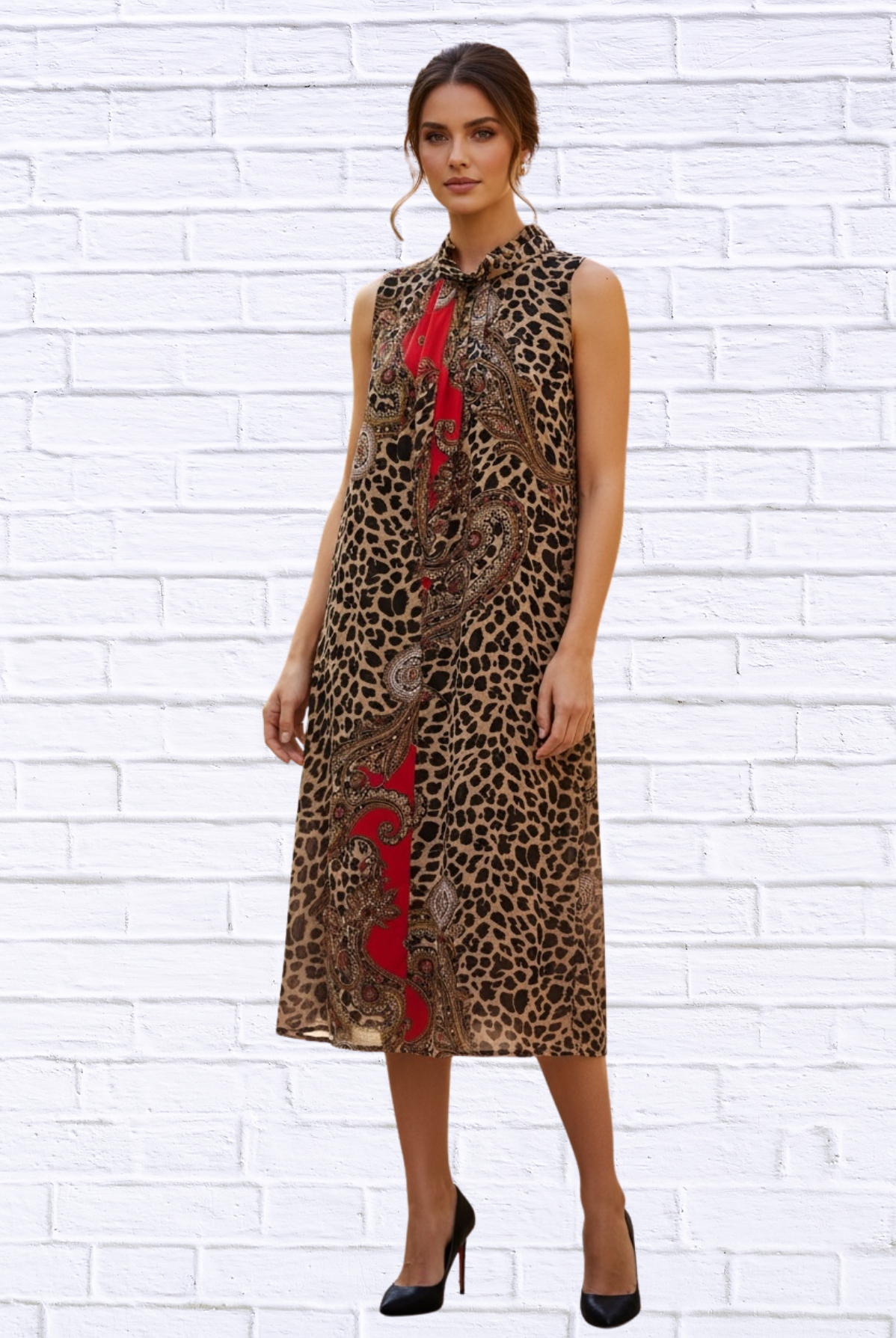 Animal and Paisley Print Sleeveless Maxi Dress – High Neck Bow Detail Flowy Woven Dress