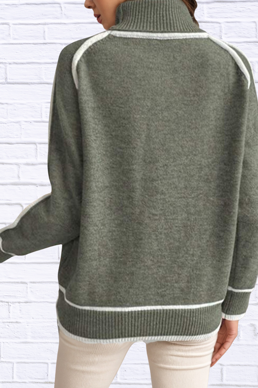 Turtleneck Contrast Trim Sweater with Ribbed Details