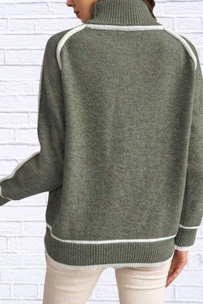 Turtleneck Contrast Trim Sweater with Ribbed Details