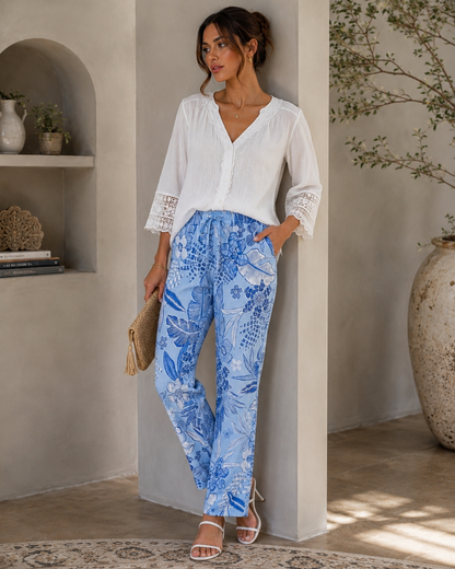 Blue Floral Wide Leg Pants for Women | Boutique Resort Style