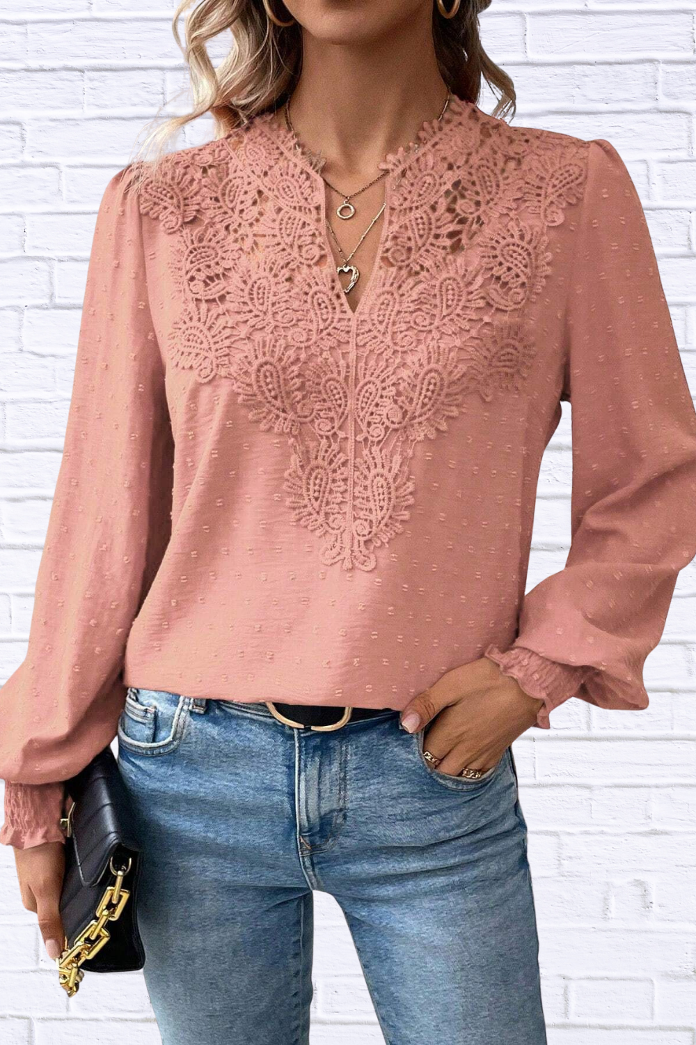 Swiss Dot Lace Detail Long Sleeve Blouse