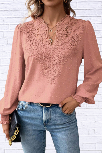 Swiss Dot Lace Detail Long Sleeve Blouse