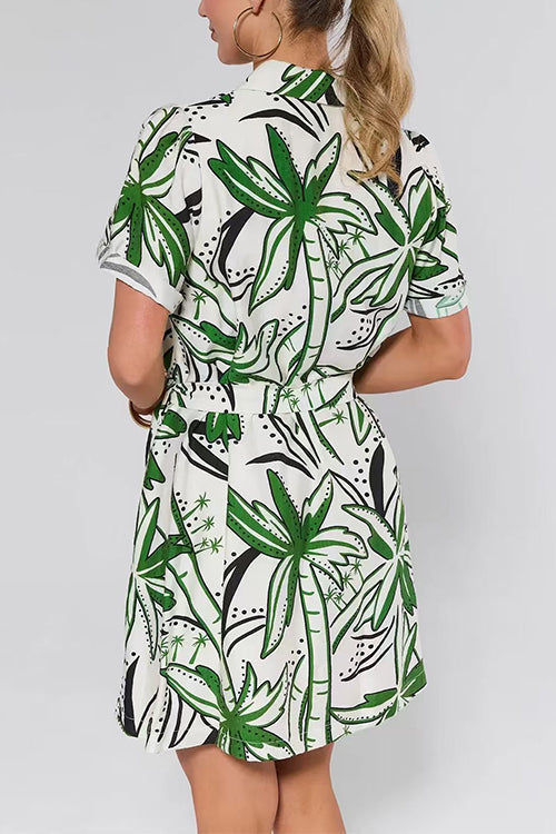 Short Sleeves Button Down Tie Waist Printed Mini Shirt Dress