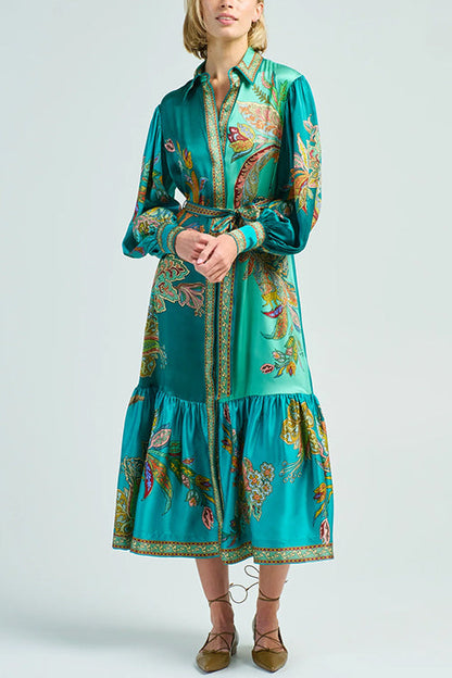 Rosiedress Long Sleeves Tie Waist Unique Print Ruffle Midi Shirt Dress