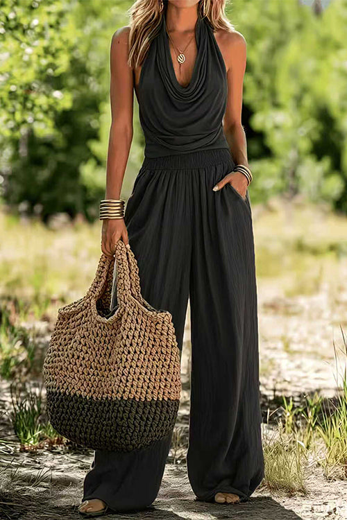 Halter Cowl Neck Sleeveless Top Elastic Waist Wide Leg Pants Set