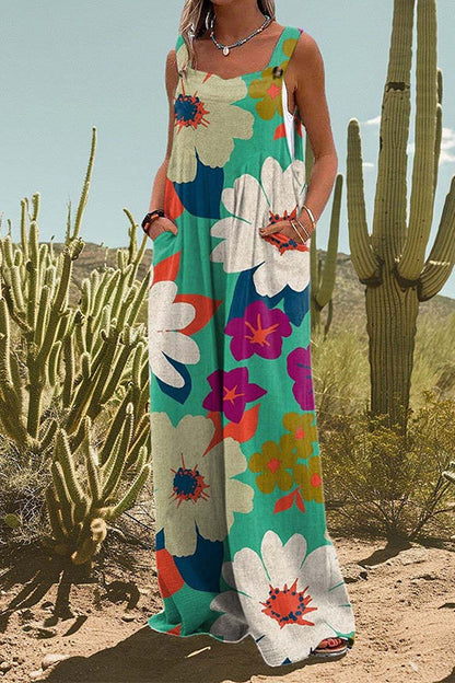 Floral Print Wide Leg Loose Overalls Green