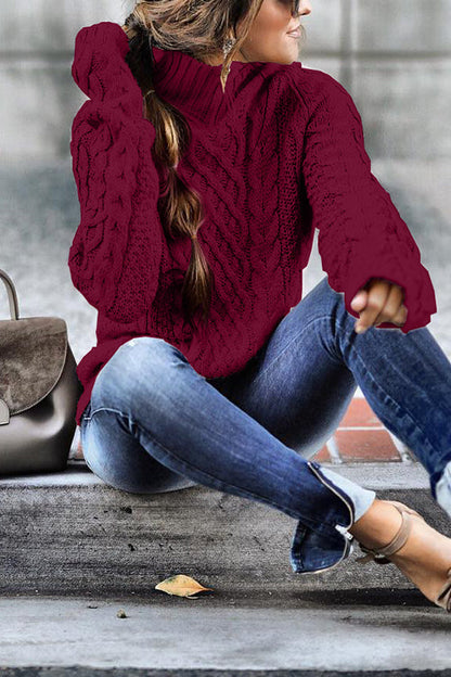 Mockneck Solid Cable Knit Pullover Sweater Burgundy