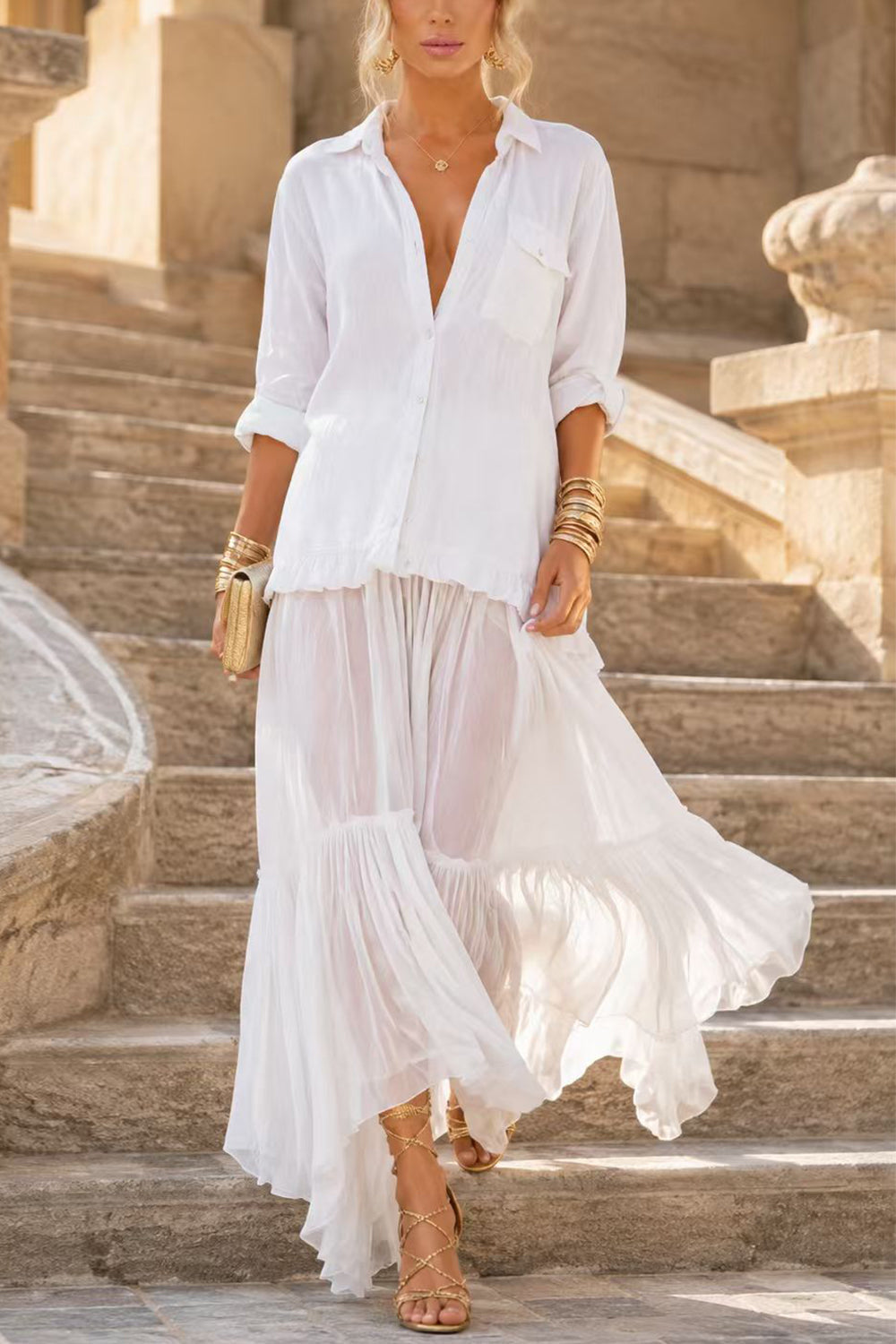 Lapel Long Sleeves Organza Splice Ruffle Denim Maxi Dress
