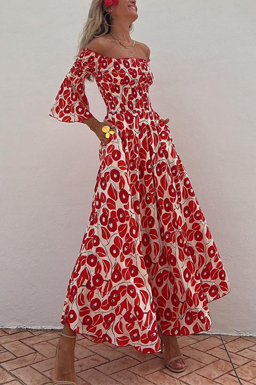 Off Shoulder Bell Sleeves Abstract Print Swing Maxi Dress