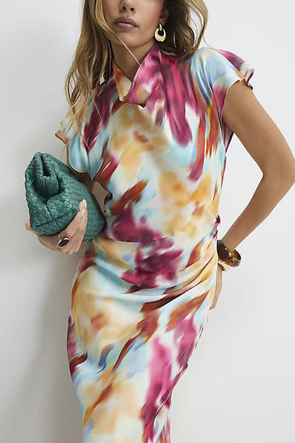 Cowl Neck Short Sleeves Tie Dye Maxi Dress