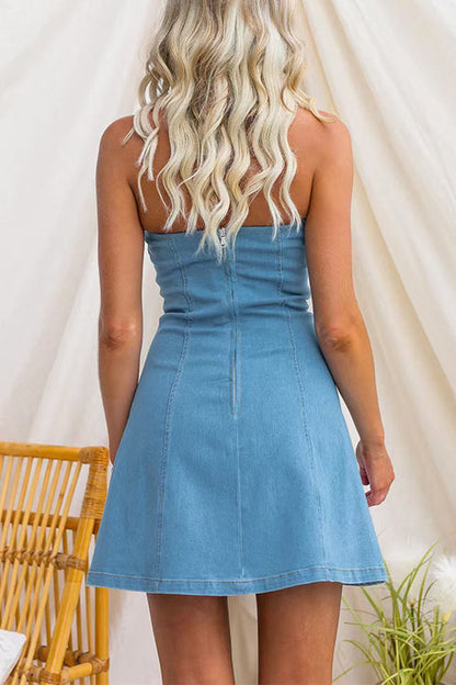 Strapless Tube Zipper Back Embroidered Denim Mini Dress