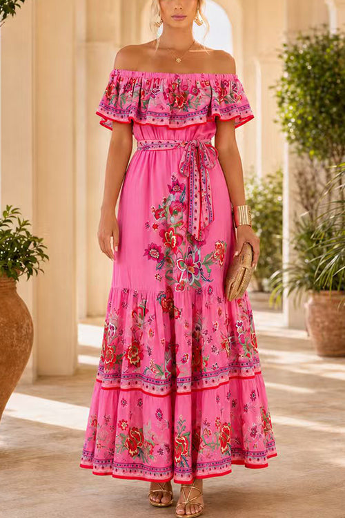 Off Shoulder Floral Print Ruffle Tiered Maxi Dress