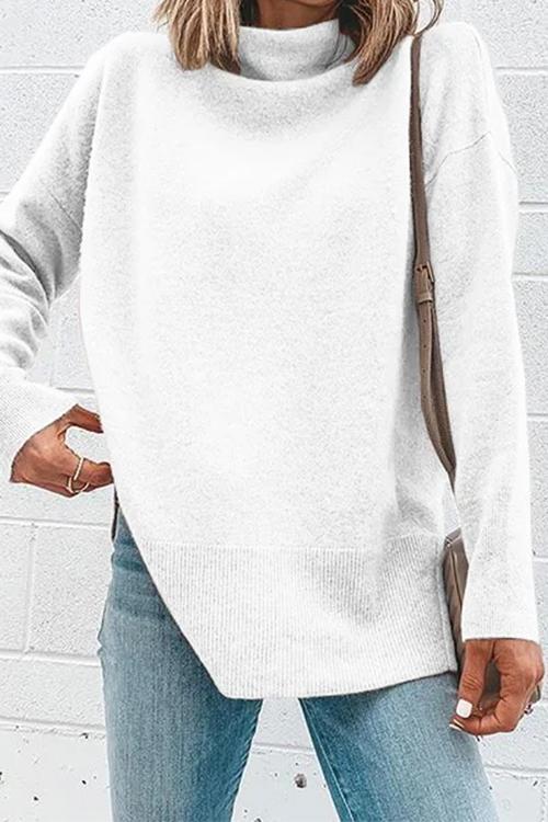 Janice Turtleneck Side Split Long Sleeve Top White