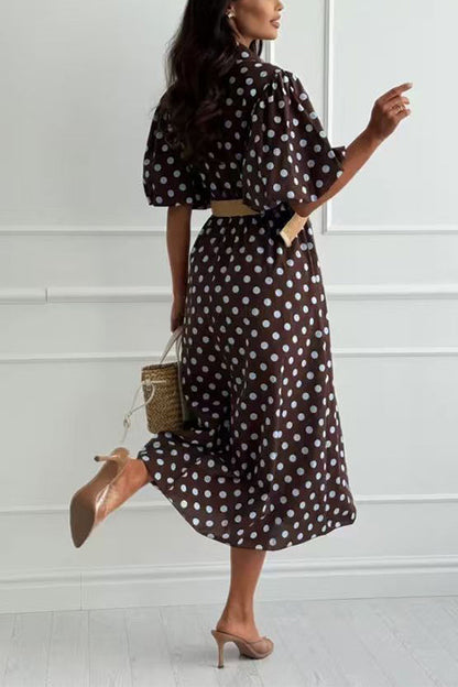 Lapel Lantern Short Sleeves Button Up Polka Dot Midi Dress
