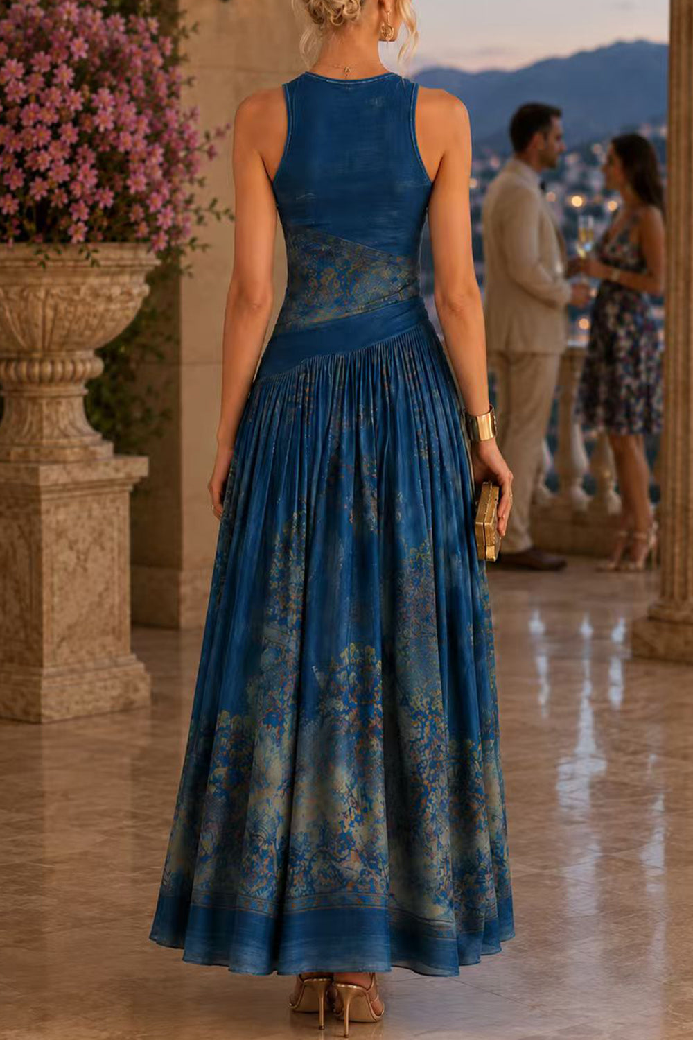 Crewneck Sleeveless Printed Flowy Maxi Dress