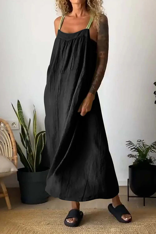 Color Block Casual Cotton Linen Maxi Beach Dress Black