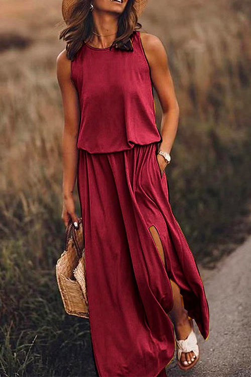 Rosiedress Sleeveless Waisted Slit Maxi Tank Dress Burgundy