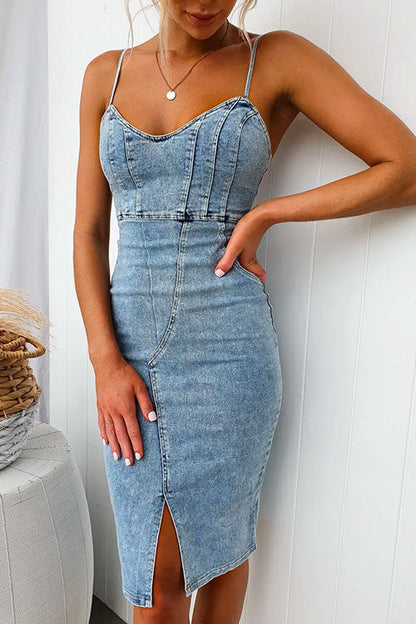 Back Zip Up High Waist Slit Denim Bodycon Cami Dress LightBlue