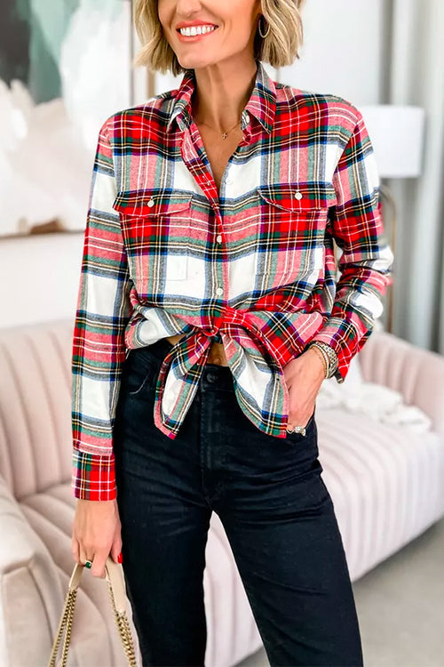 Classic Long Sleeves Button Down Plaid Blouse Shirt Red