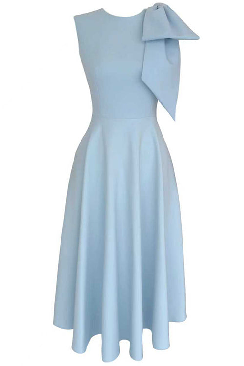 Crewneck Sleeveless Bow Shoulder A-line Midi Dress