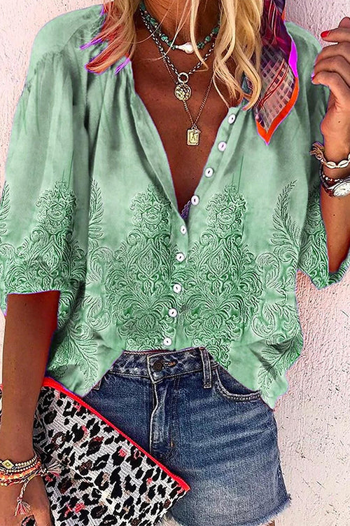 Rosiedress Long Sleeves Button Up Unique Print Shirt Green