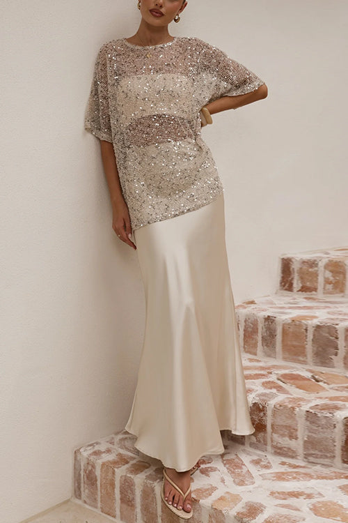 Crewneck Half Sleeves Crochet Hollow Out Sequin Top