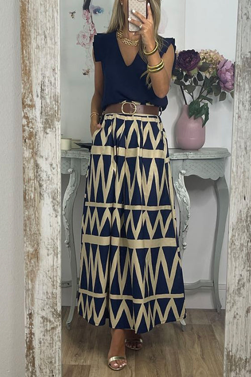 Rosiedress Pocketed Geometric Printed A-line Maxi Swing Skirt